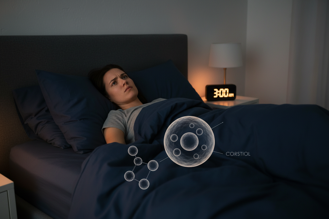 A person lying awake at 3AM with a frustrated expression, representing how the cortisol-insulin cascade from HPA axis dysregulation drives visceral fat storage, insulin resistance, and muscle catabolism that blocks fat loss