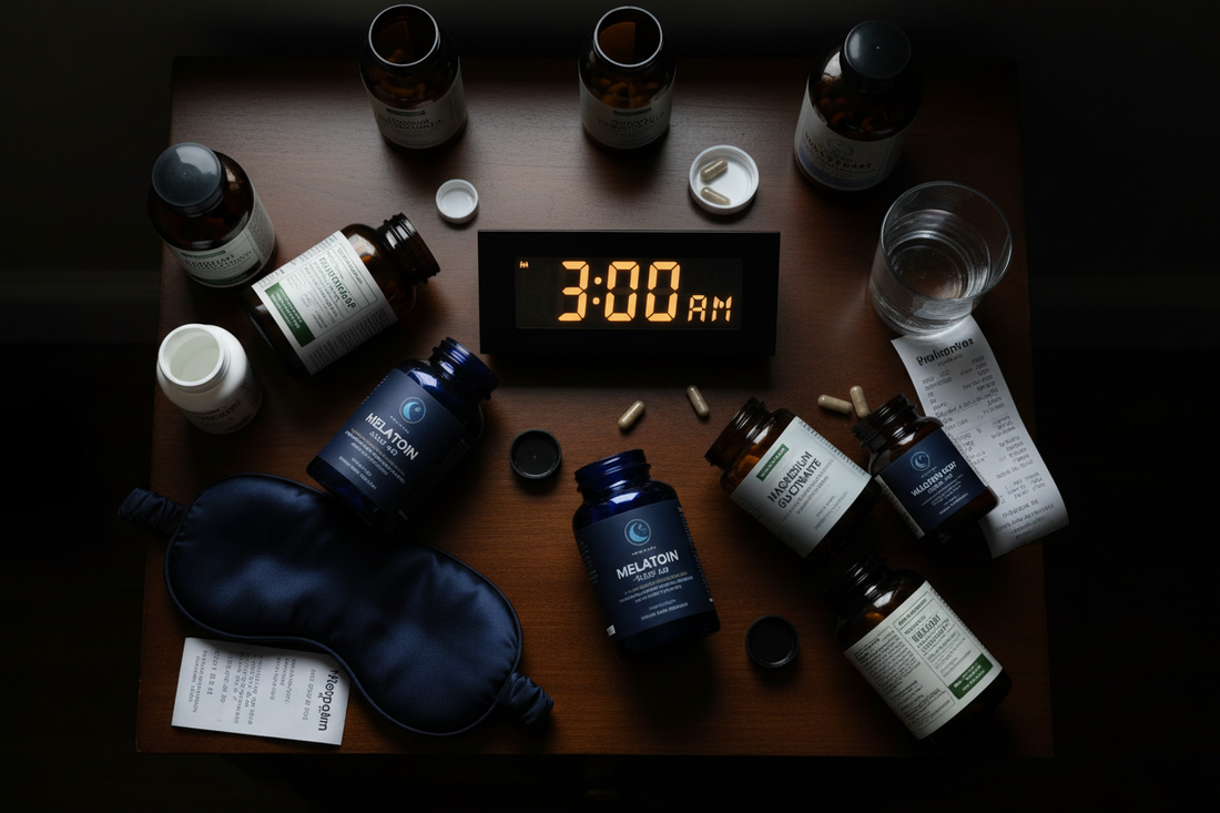 A cluttered bedside table covered in failed sleep supplement bottles including melatonin, magnesium, and herbal remedies next to a glowing clock showing 3AM, representing why every standard sleep supplement fails to stop the cortisol-driven 3AM wake-up