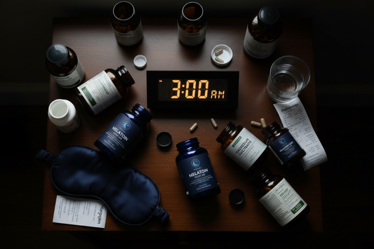 A cluttered bedside table covered in failed sleep supplement bottles including melatonin, magnesium, and herbal remedies next to a glowing clock showing 3AM, representing why every standard sleep supplement fails to stop the cortisol-driven 3AM wake-up