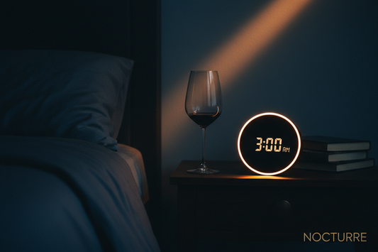 A wine glass and a glowing clock showing 3AM on a dark minimal bedside table, representing how alcohol clearance at the 3 to 4 hour mark causes a reactive blood sugar crash that triggers a cortisol and adrenaline surge mid-sleep