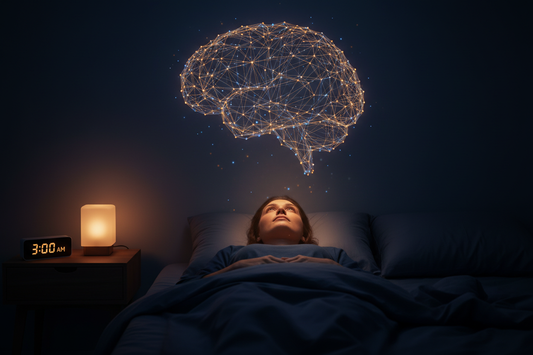 A person lying awake at night with eyes open and a softly glowing neural network above their head, representing the biological cortisol mechanism behind racing thoughts and the inability to shut off the brain at 3AM