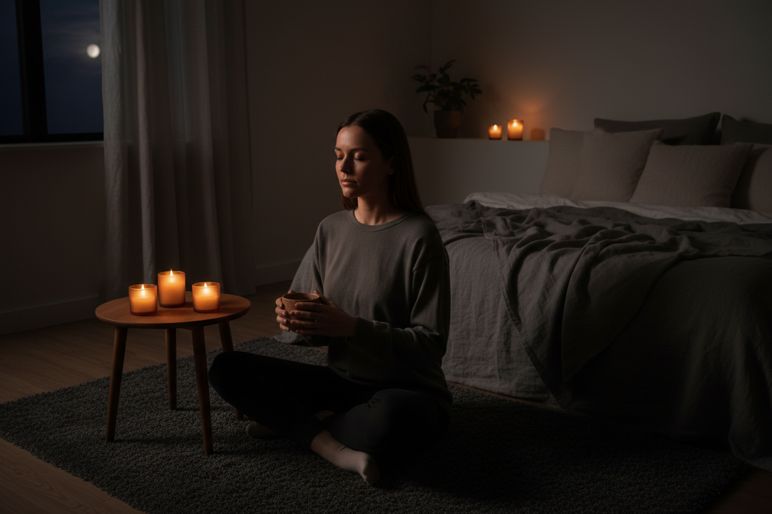 A calm evening scene with dim lighting, herbal tea, and a clock approaching bedtime, representing natural cortisol-lowering strategies before sleep