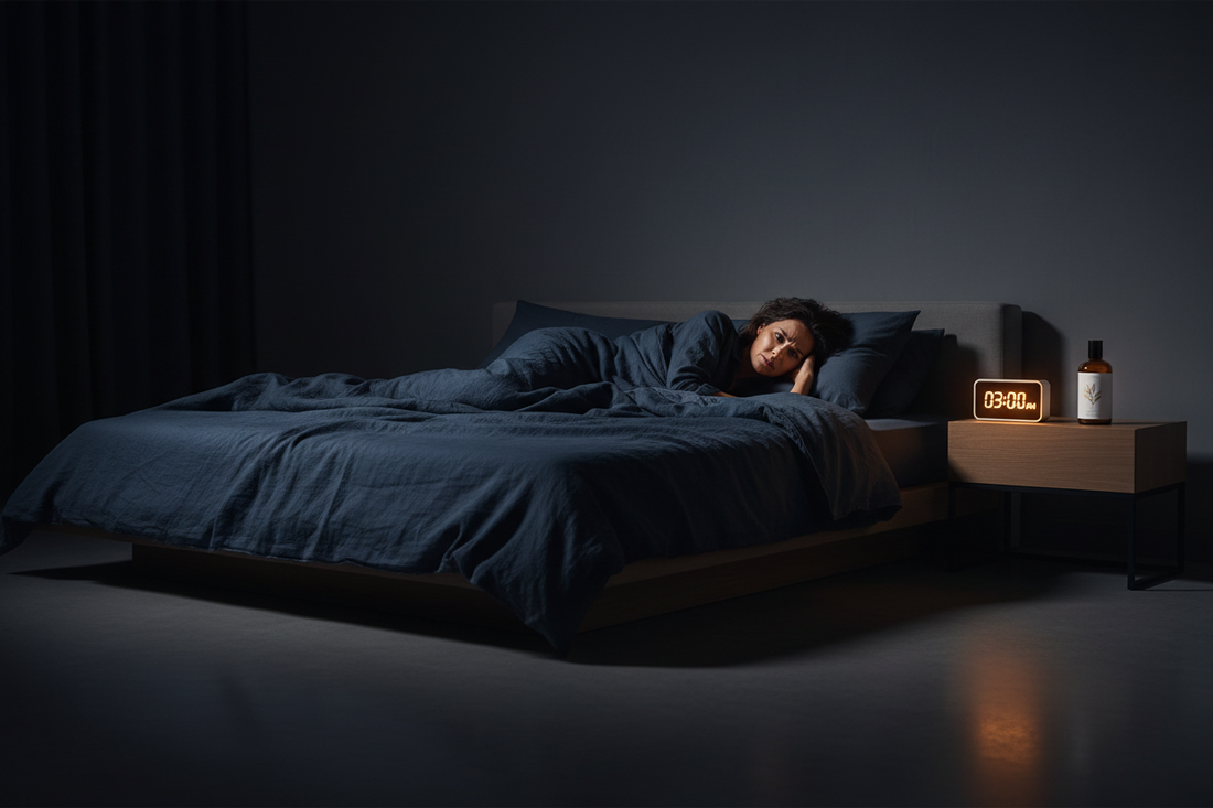 A woman on HRT lying awake at 3AM in a dark minimal bedroom despite hormone replacement therapy, representing the cortisol half of menopause sleep disruption that estrogen replacement does not address