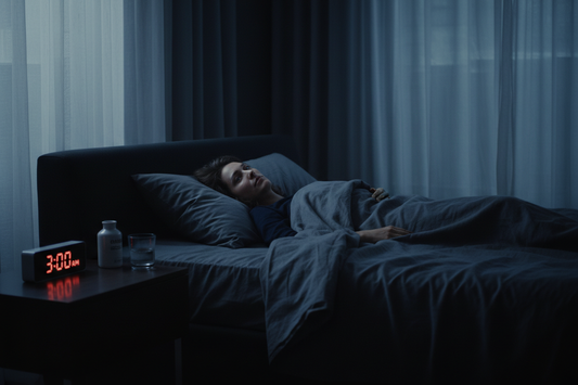 A person lying awake at 3AM staring at the ceiling with a clock glowing on the nightstand, representing the cortisol-driven HPA axis dysregulation that causes middle-of-the-night insomnia