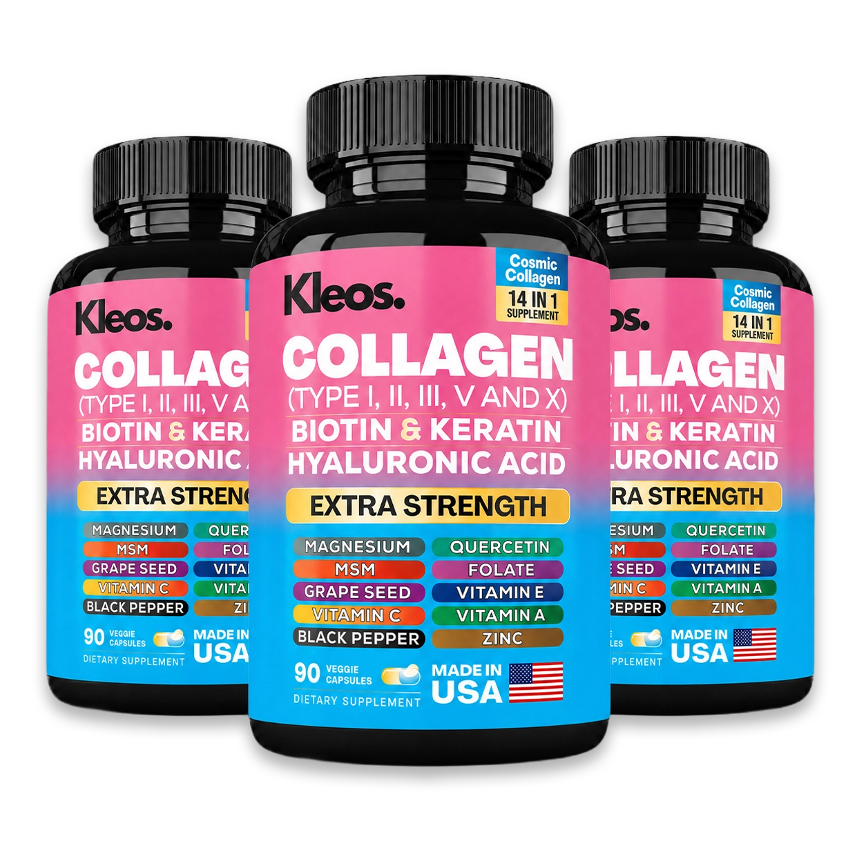 Three bottles of Kleos Collagen