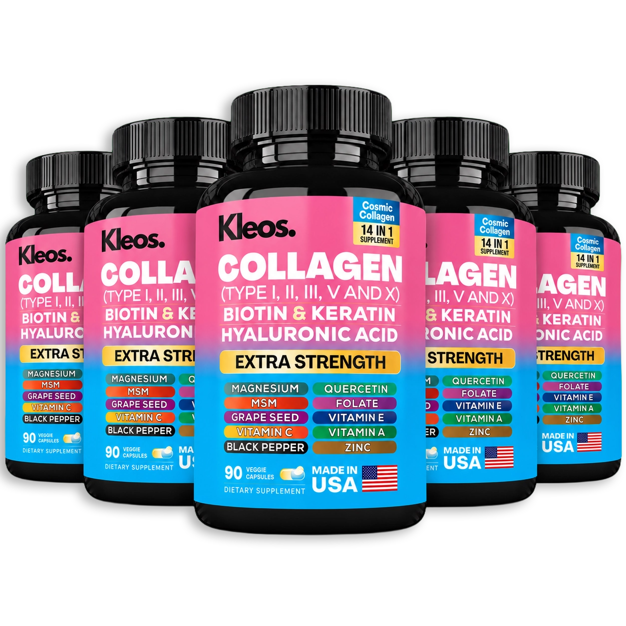 Five bottles of Kleos Collagen